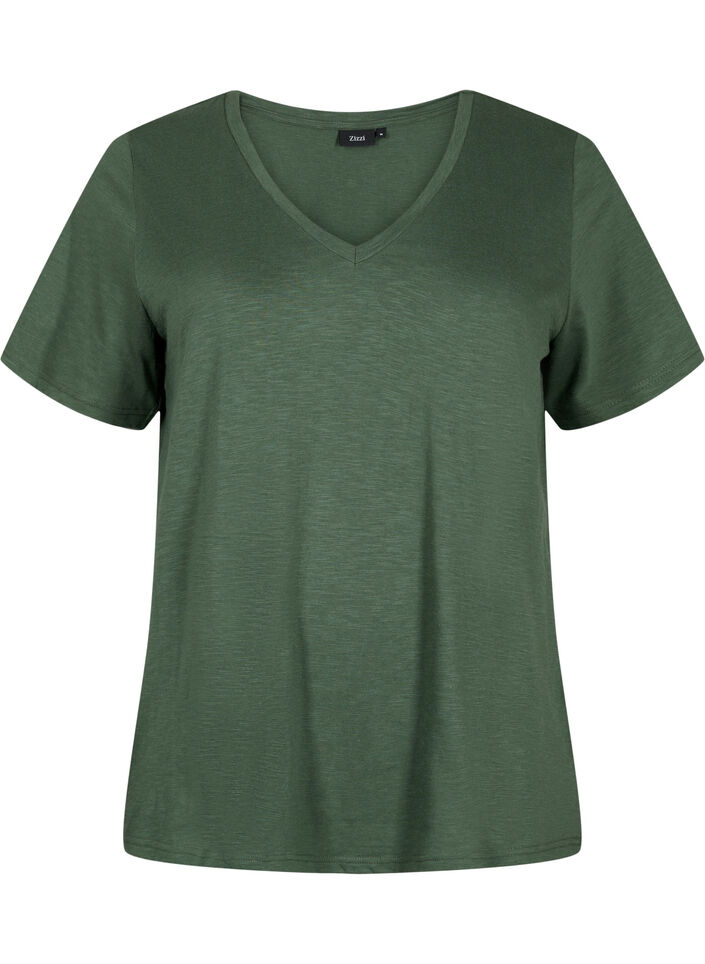 T-shirt basique &agrave; manches courtes et col en V, Vert, Packshot image number 0