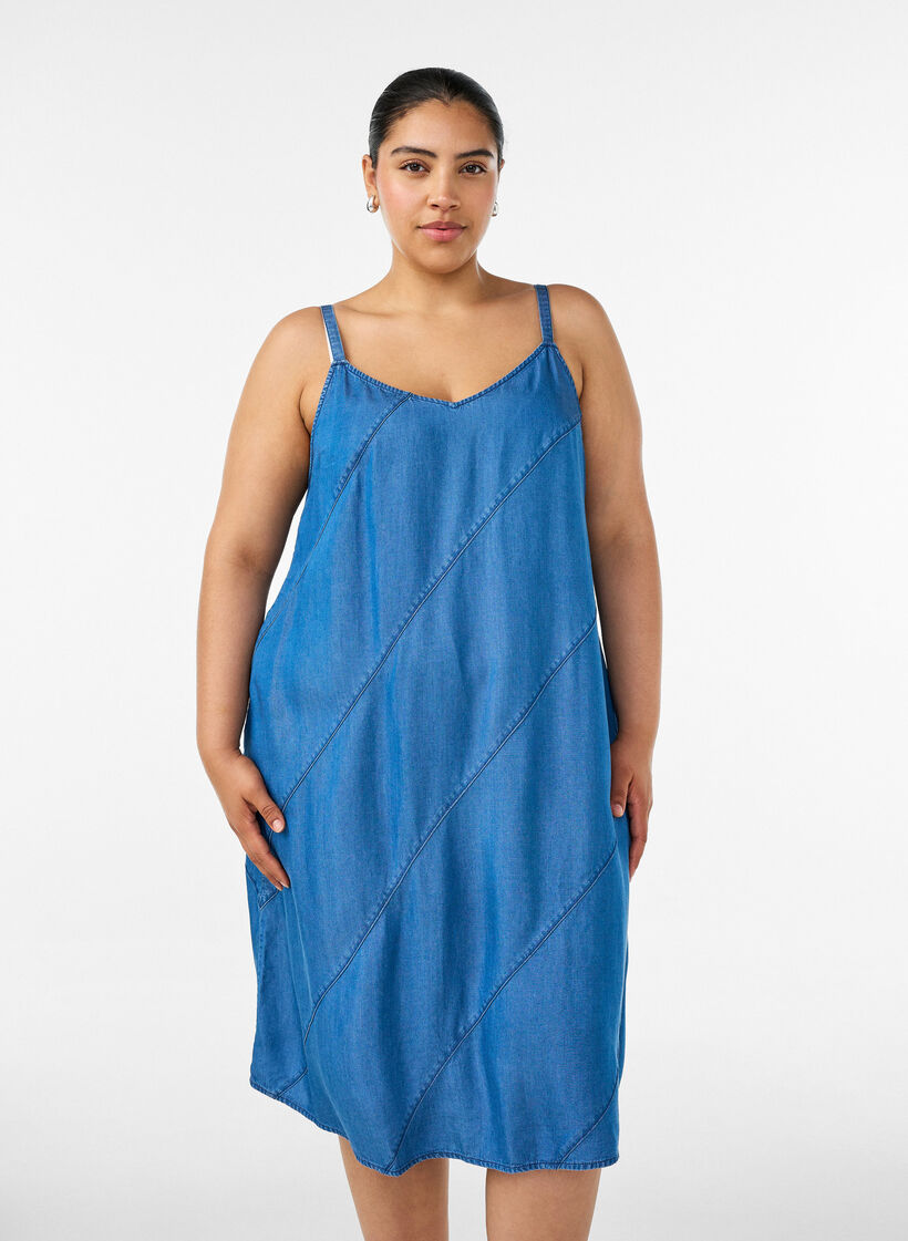 Robe aspect denim &agrave; bretelles en TENCEL&trade; Lyocell, Bleu, Model image number 0