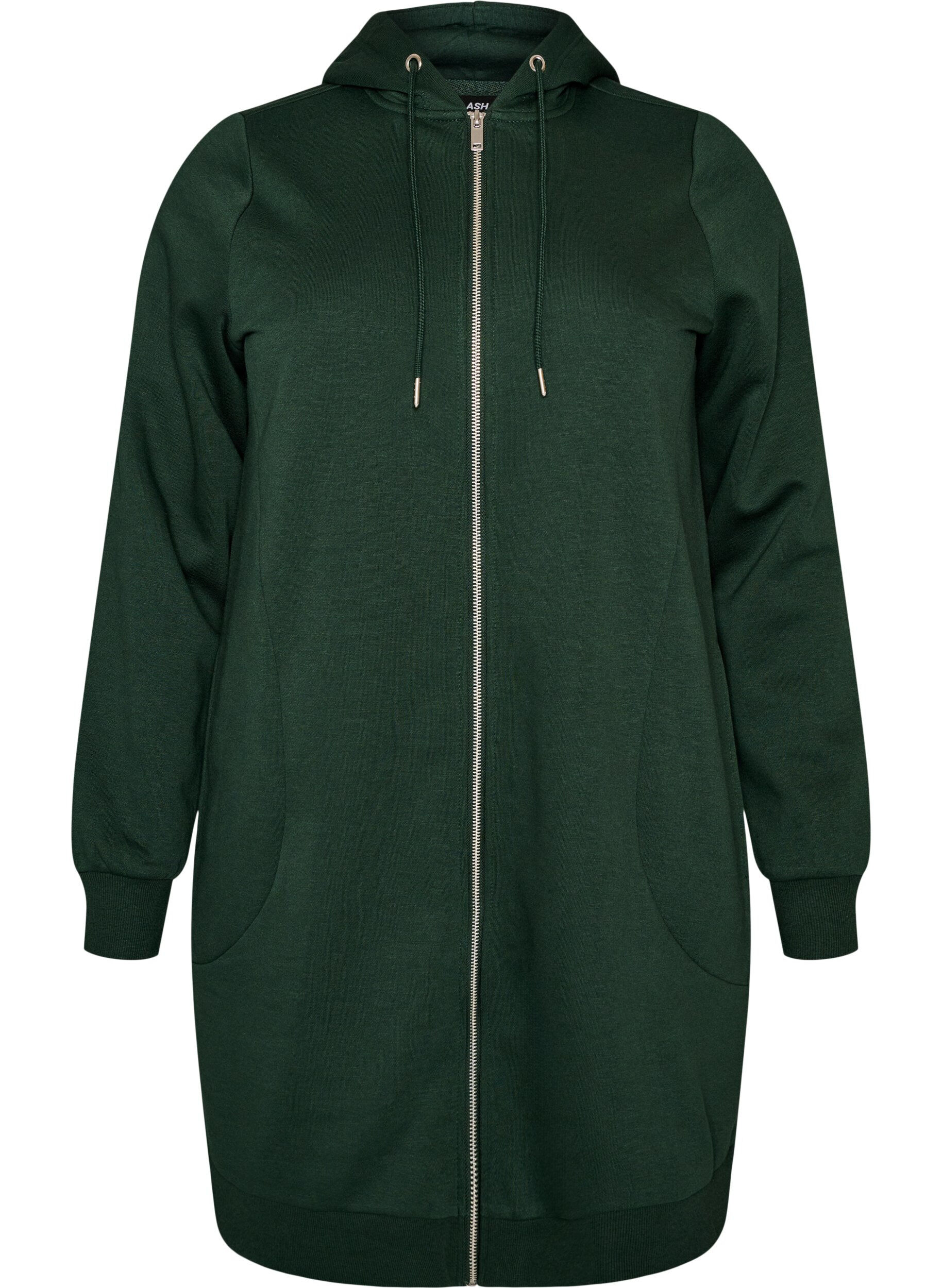 ZizziSweat &agrave; capuche long avec zip et poches, Vert fonc&eacute;, Packshot image number 0