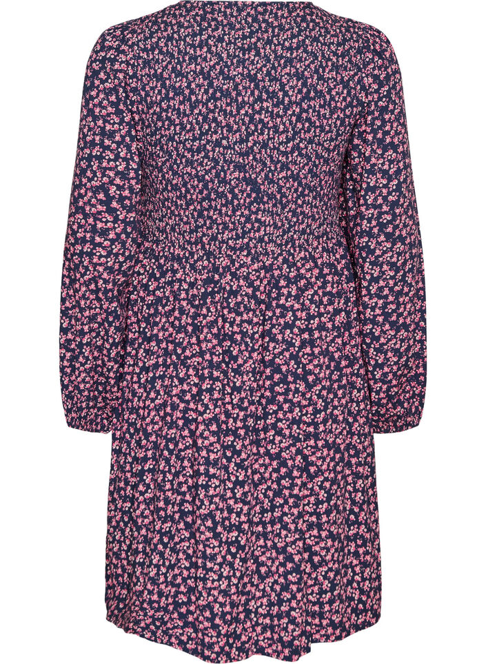 Robe avec haut smock&eacute; et imprim&eacute; &agrave; petites fleurs, Bleu, Packshot image number 1