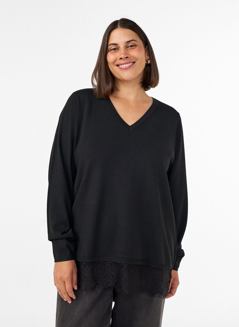 Blouse en maille avec col en V et finitions en dentelle, Noir, Model image number 0