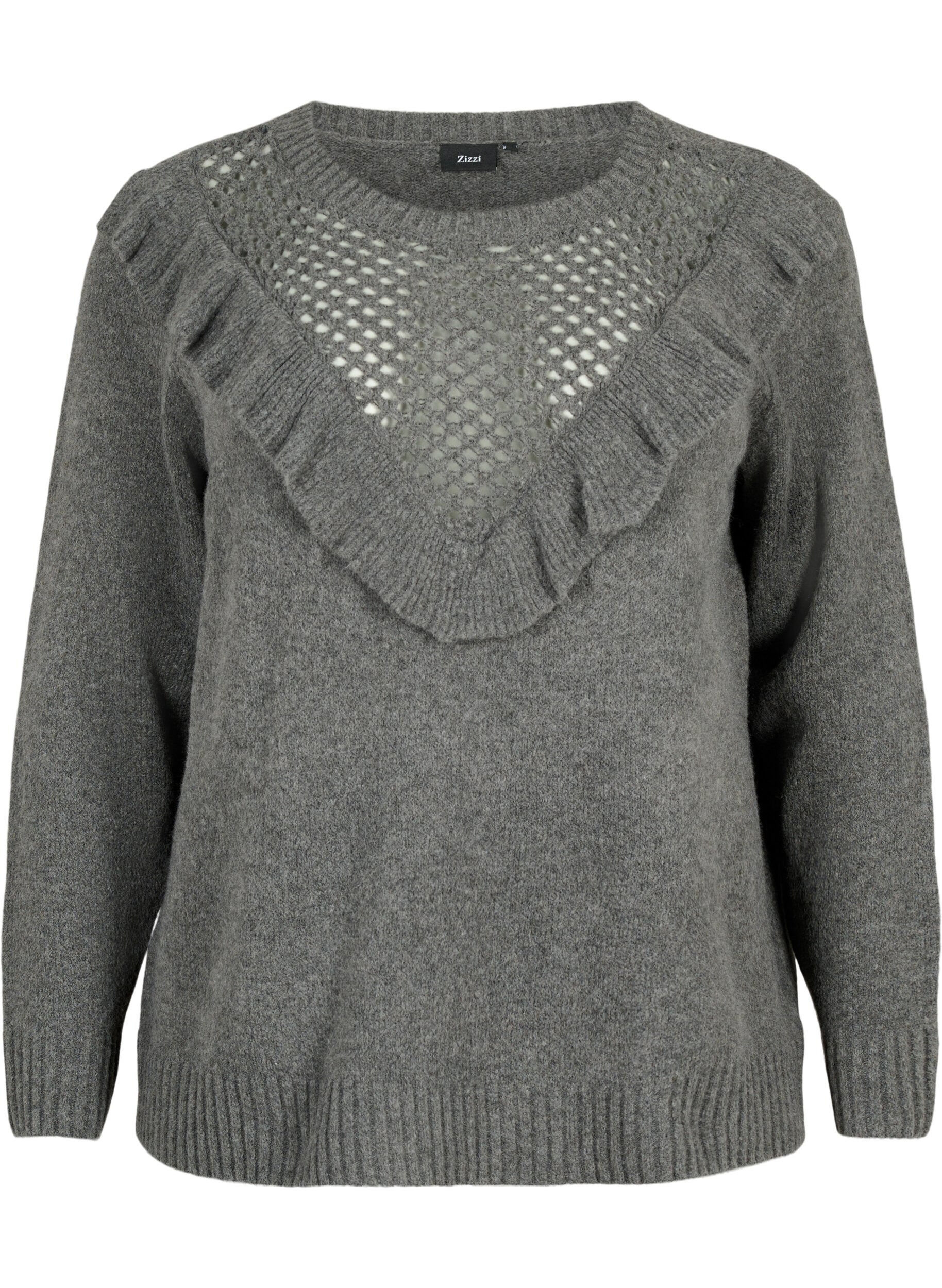 Zizzi Pull en laine tricot&eacute; avec jabots, Dark Grey Melange, Packshot image number 0