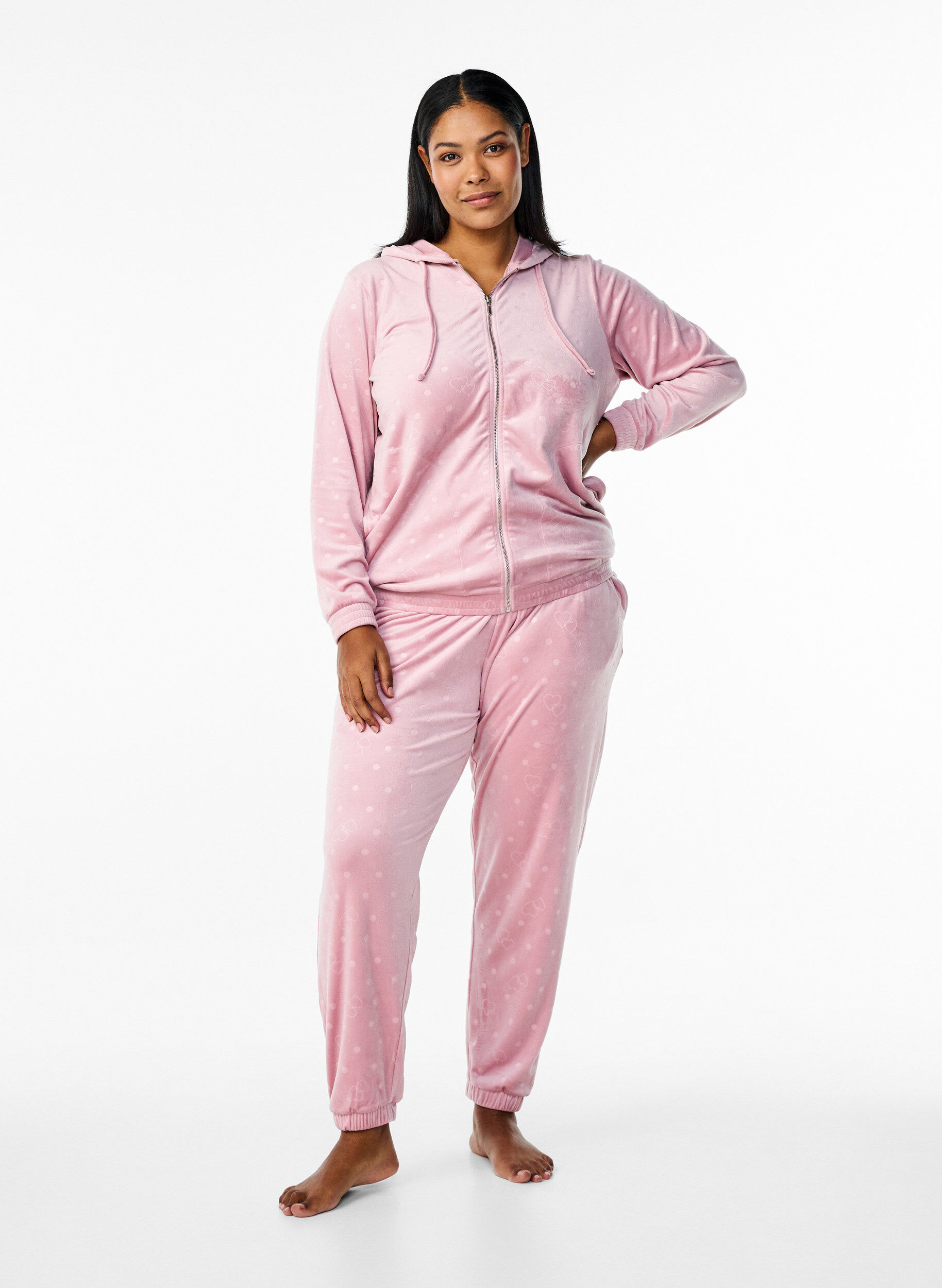 Zizzi Cardigan en velours avec capuche et poches, Rose, Model image number 1