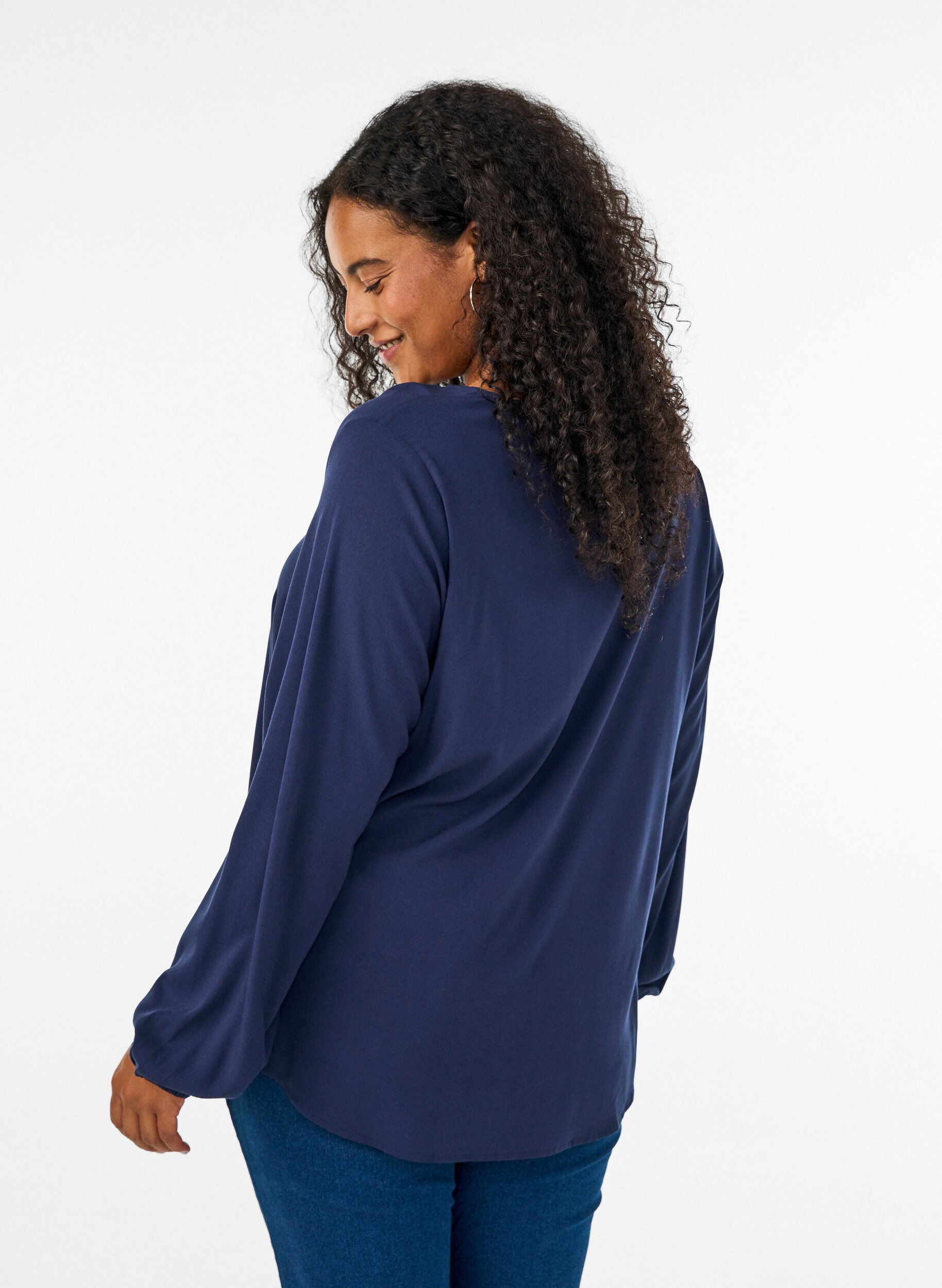 ZizziBlouse en viscose avec col en V et ourlet arrondi, Bleu, Model image number 2