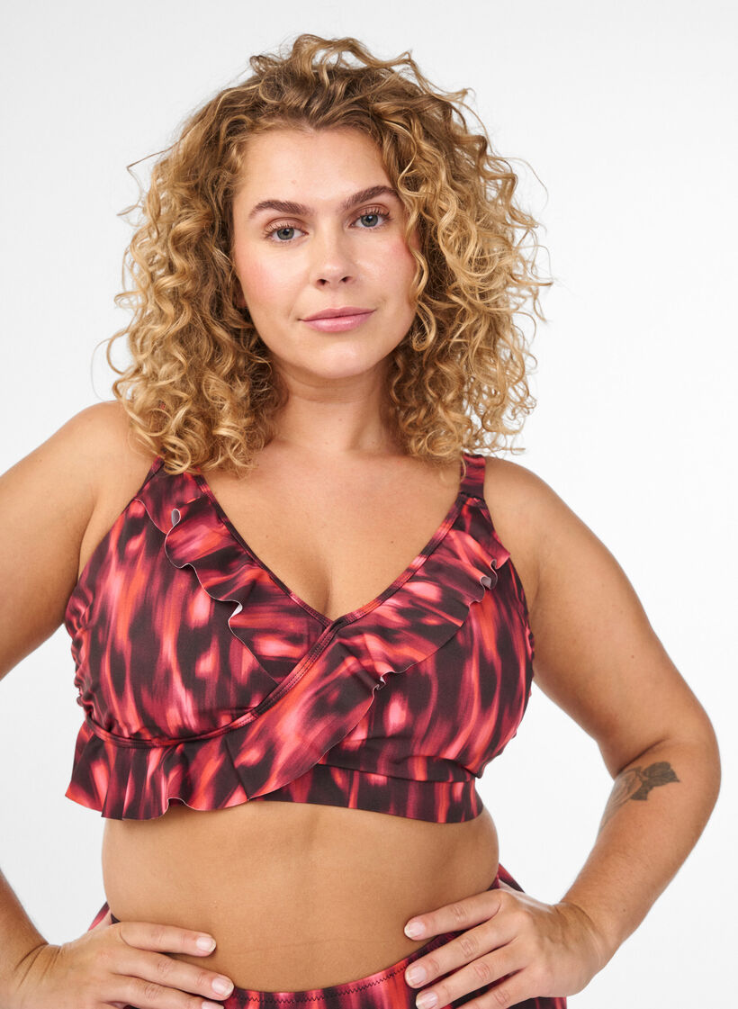 Bikinioberteil mit Print und R&uuml;schendetails, Pink, Model image number 0
