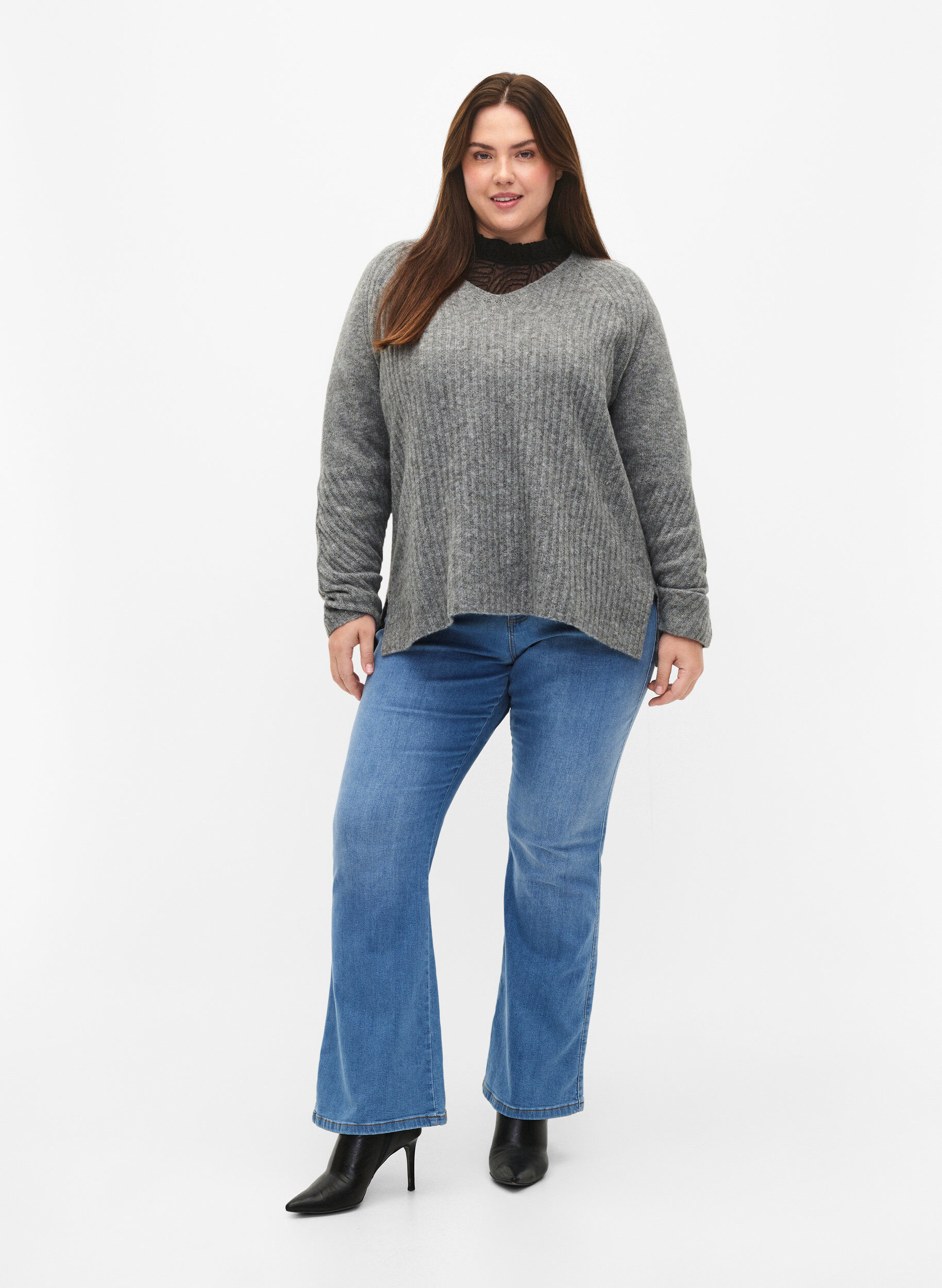 Zizzi Pull en tricot avec fente, Light Grey Melange, Model image number 2