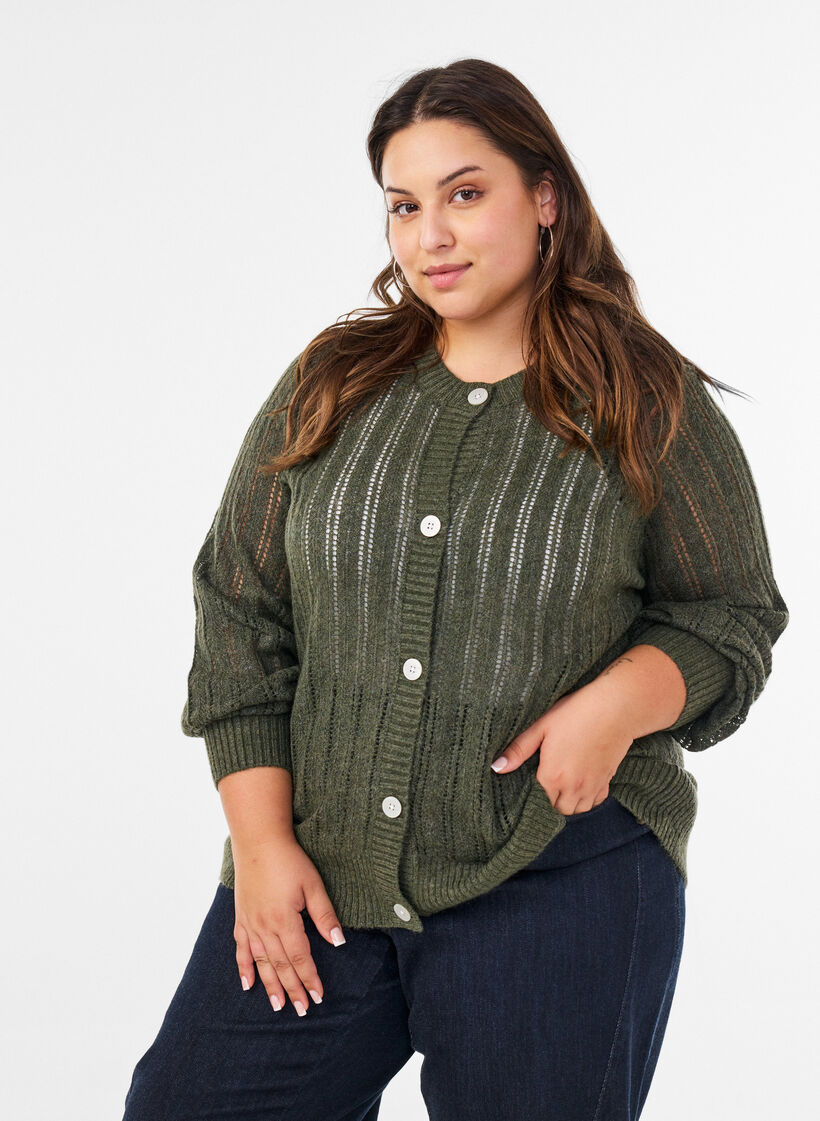 Strickjacke mit Lochmuster, Gr&uuml;n, Model image number 0