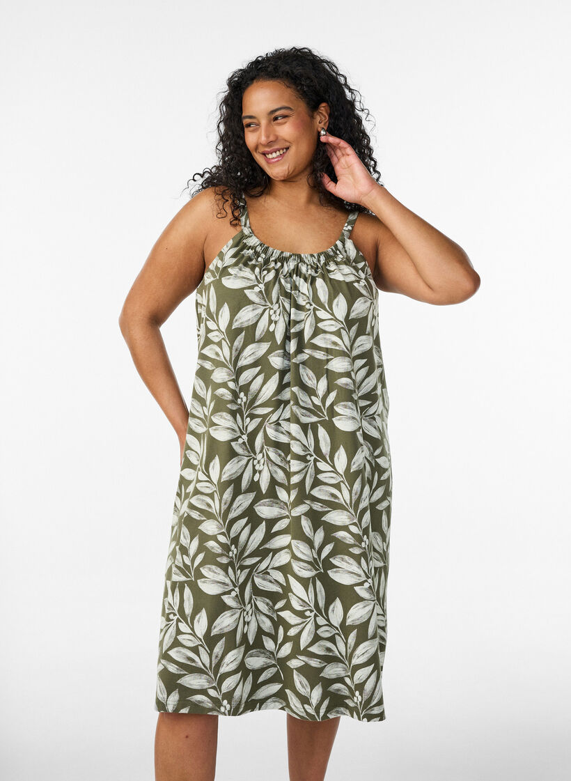 Robe &agrave; bretelles midi en coton bio, Vert clair, Model image number 0