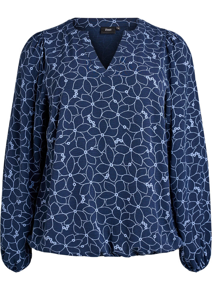 Blouse à manches longues avec broderie florale, Bleu, Packshot image number 0