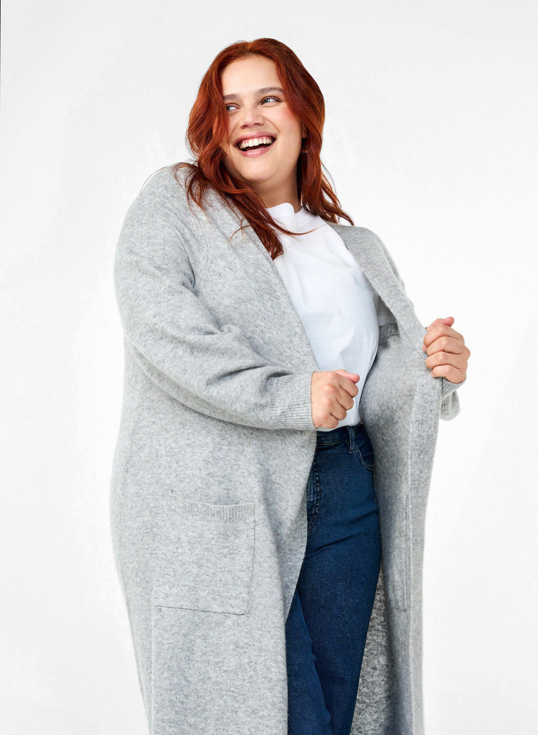 Zizzi Long cardigan tricot&eacute; avec poches, Light Grey Melange, Image image number 0