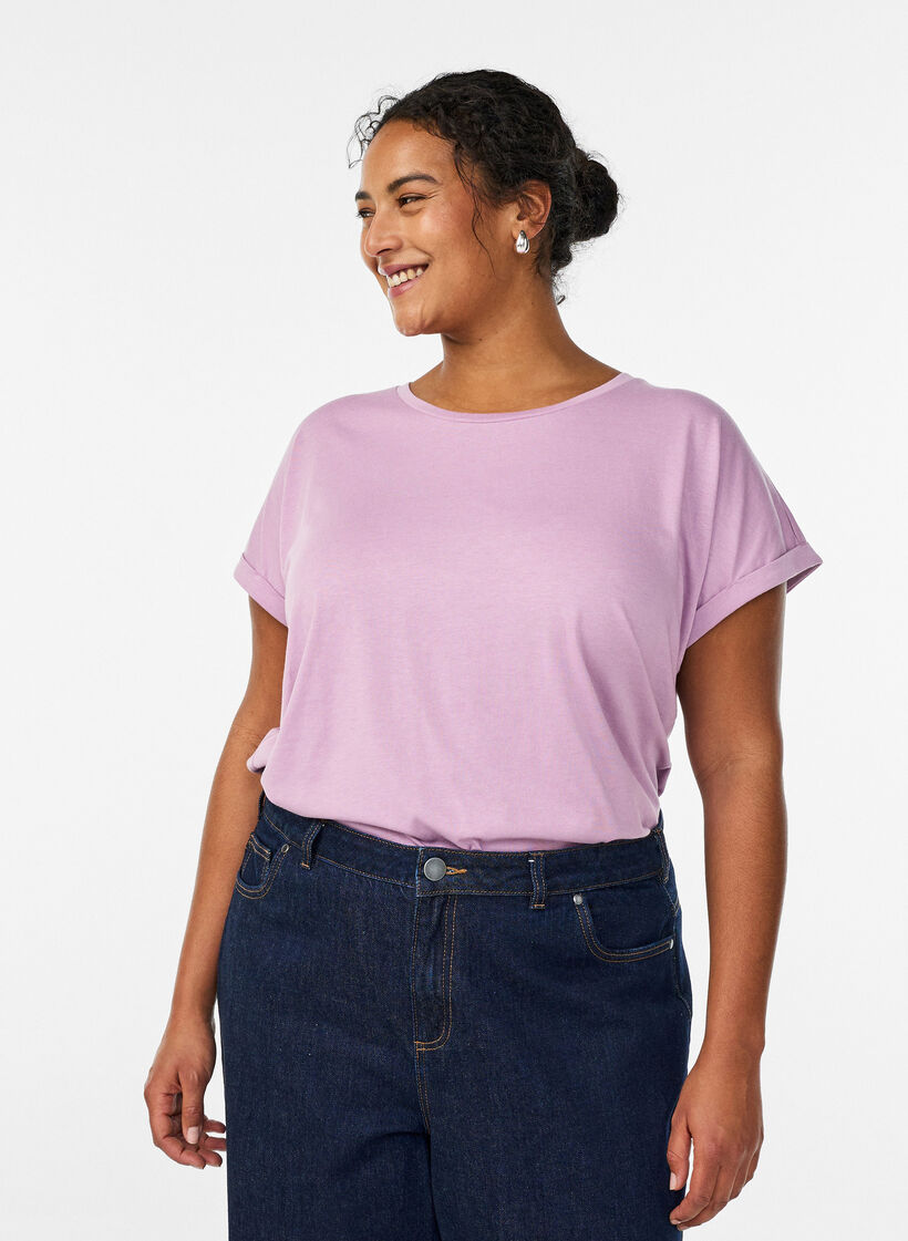 T-shirt &agrave; manches courtes en m&eacute;lange de coton, Mauve, Model image number 0