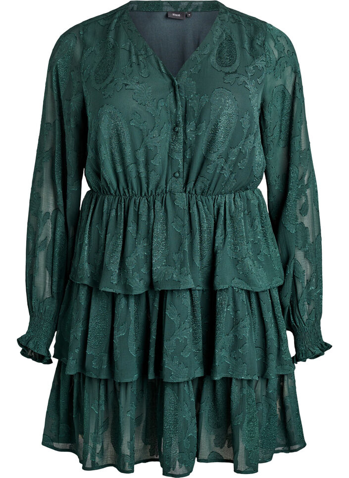 Kurzes Kleid mit R&uuml;schen und Strukturmuster, Gr&uuml;n, Packshot image number 0