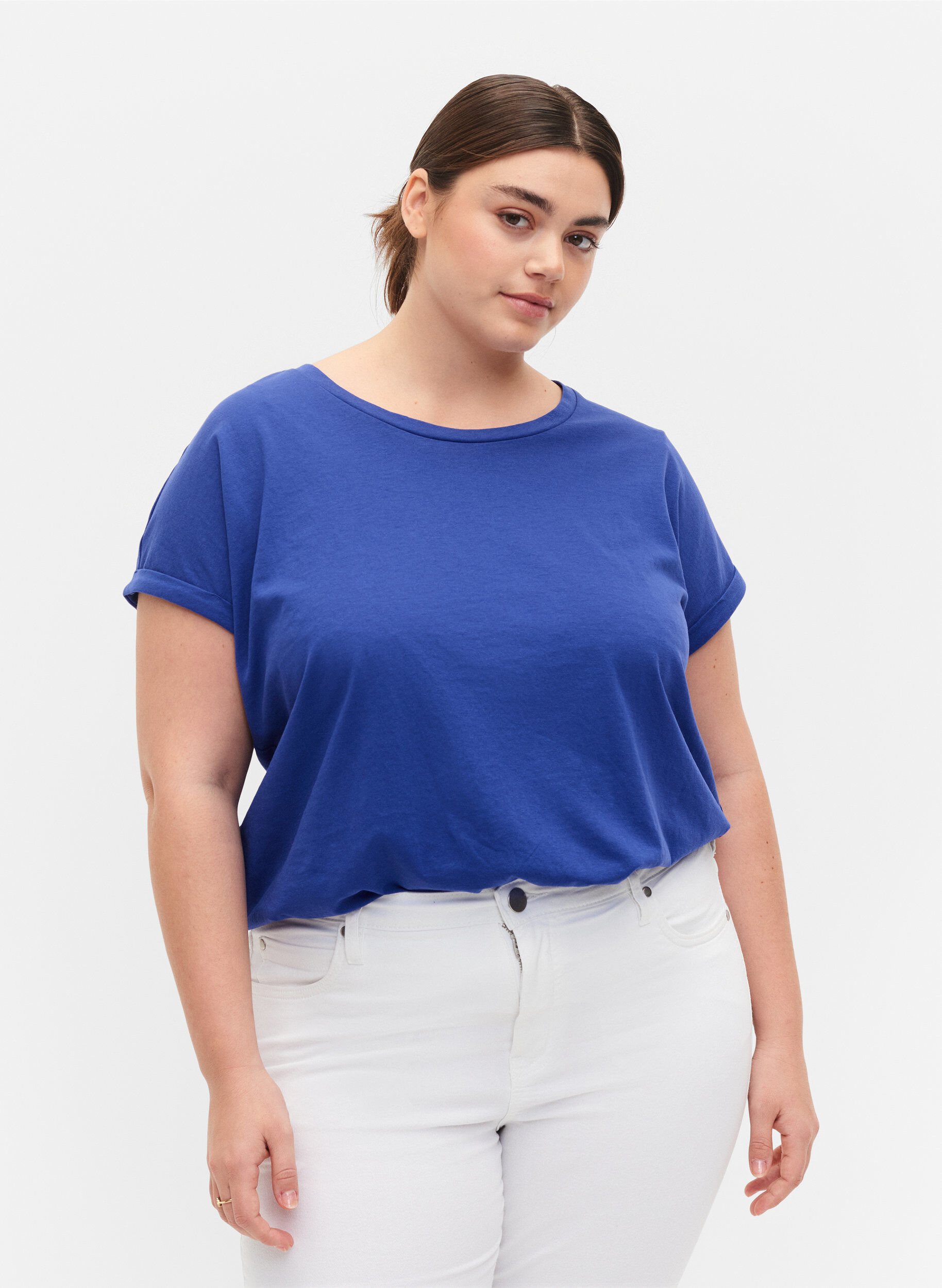 T-shirt &agrave; manches courtes en coton m&eacute;lang&eacute;, Bleu, Model