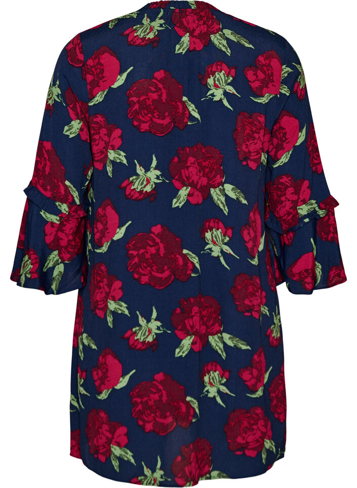 Robe fleurie en viscose avec volants, Bleu, Packshot image number 1