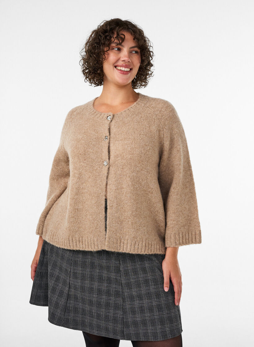 Cardigan en m&eacute;lange de laine avec manches trois-quarts, Beige, Model