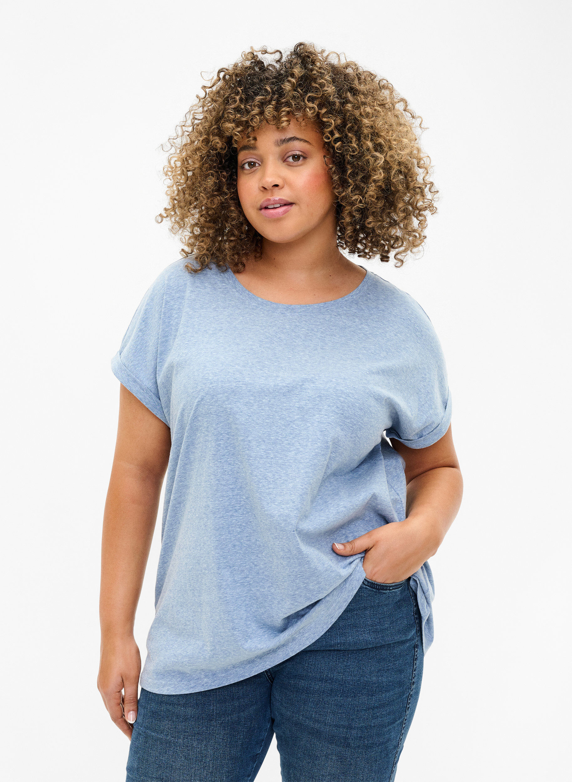 Zizzi Melange T-Shirt mit kurzen &Auml;rmeln, Blau, Model image number 0