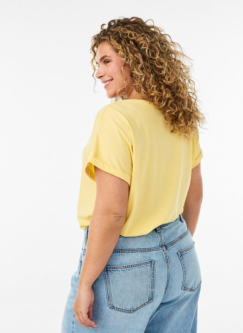 T-shirt &agrave; manches courtes en coton m&eacute;lang&eacute;, Jaune clair, Model image number 2