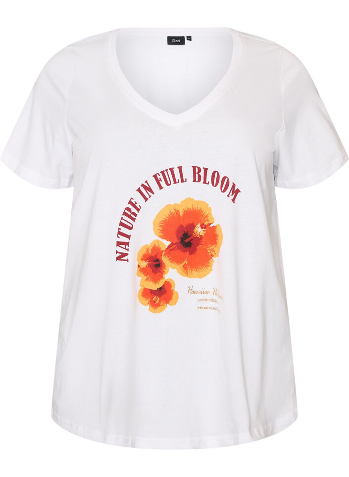T-shirt en coton avec imprim&eacute; sur le devant et col en V, Blanc, Packshot image number 0