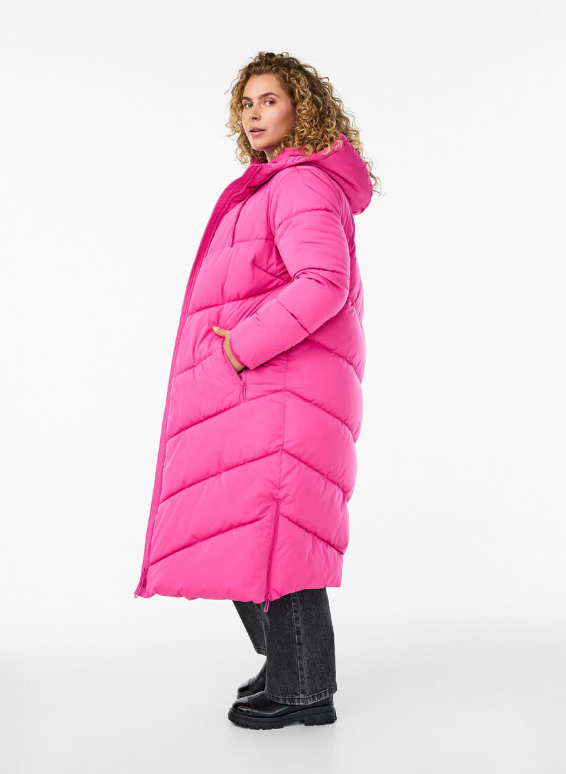 Doudoune longue avec capuche et poches, Rose, Model image number 2
