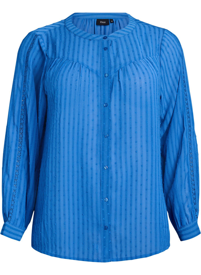 Bluse mit strukturiertem Punktemuster und Stickereidetails, Blau, Packshot image number 0