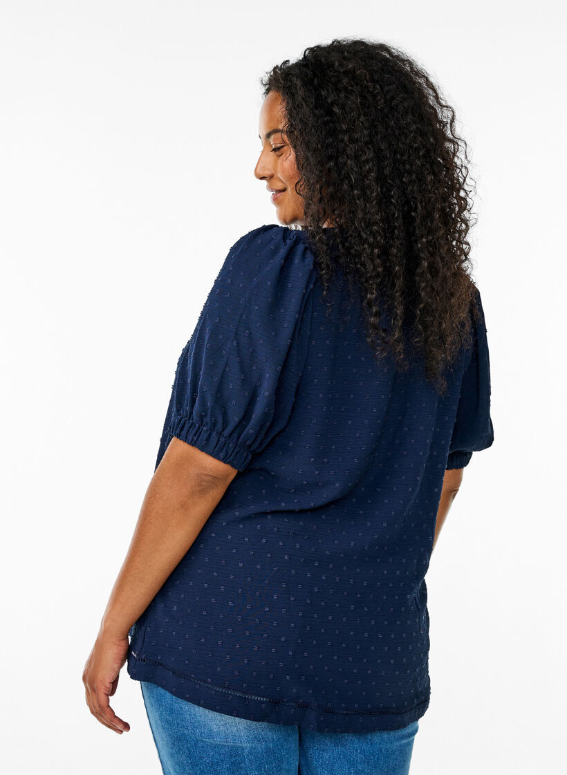 Blouse à manches courtes bouffantes et texture pointelle, Navy Blazer, Model image number 1