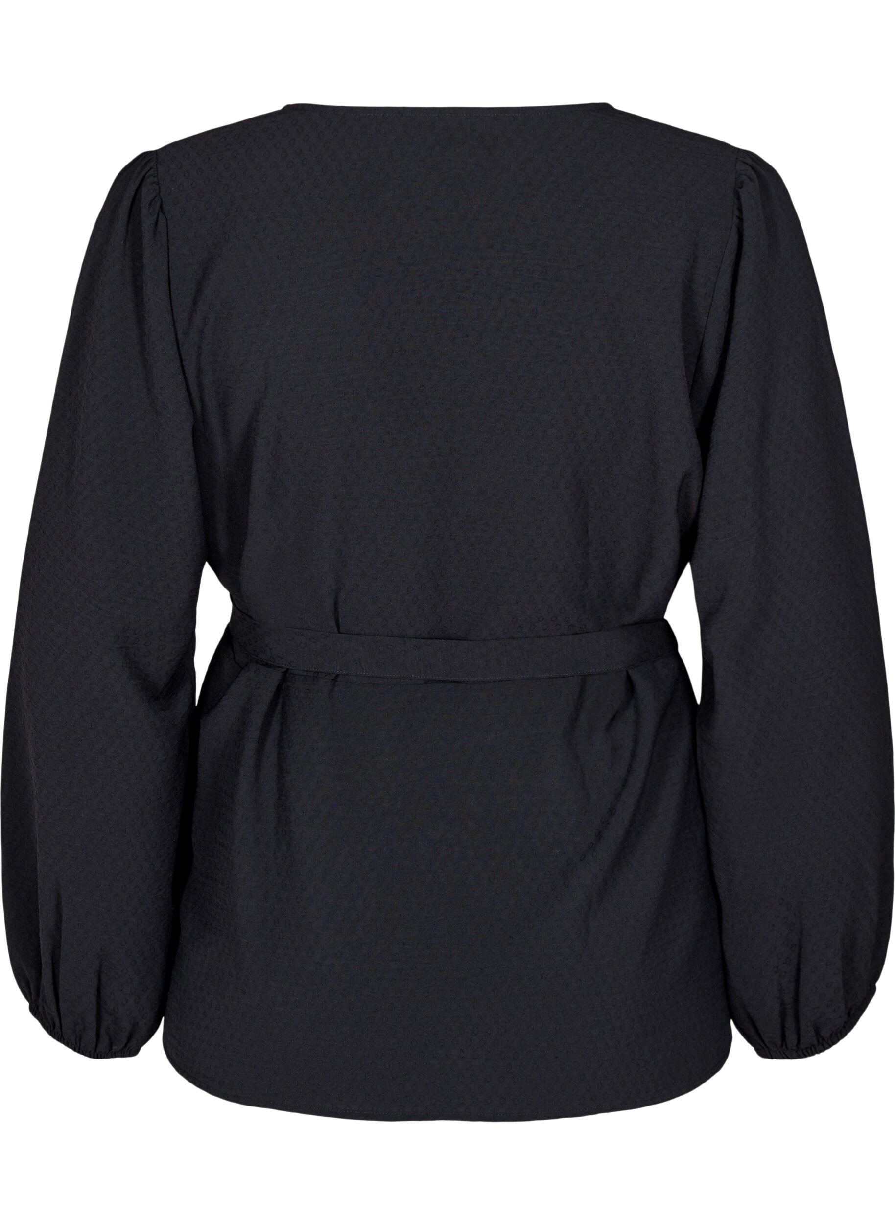 Zizzi Wickelbluse mit Bindeband und langen &Auml;rmeln, Schwarz, Packshot image number 1