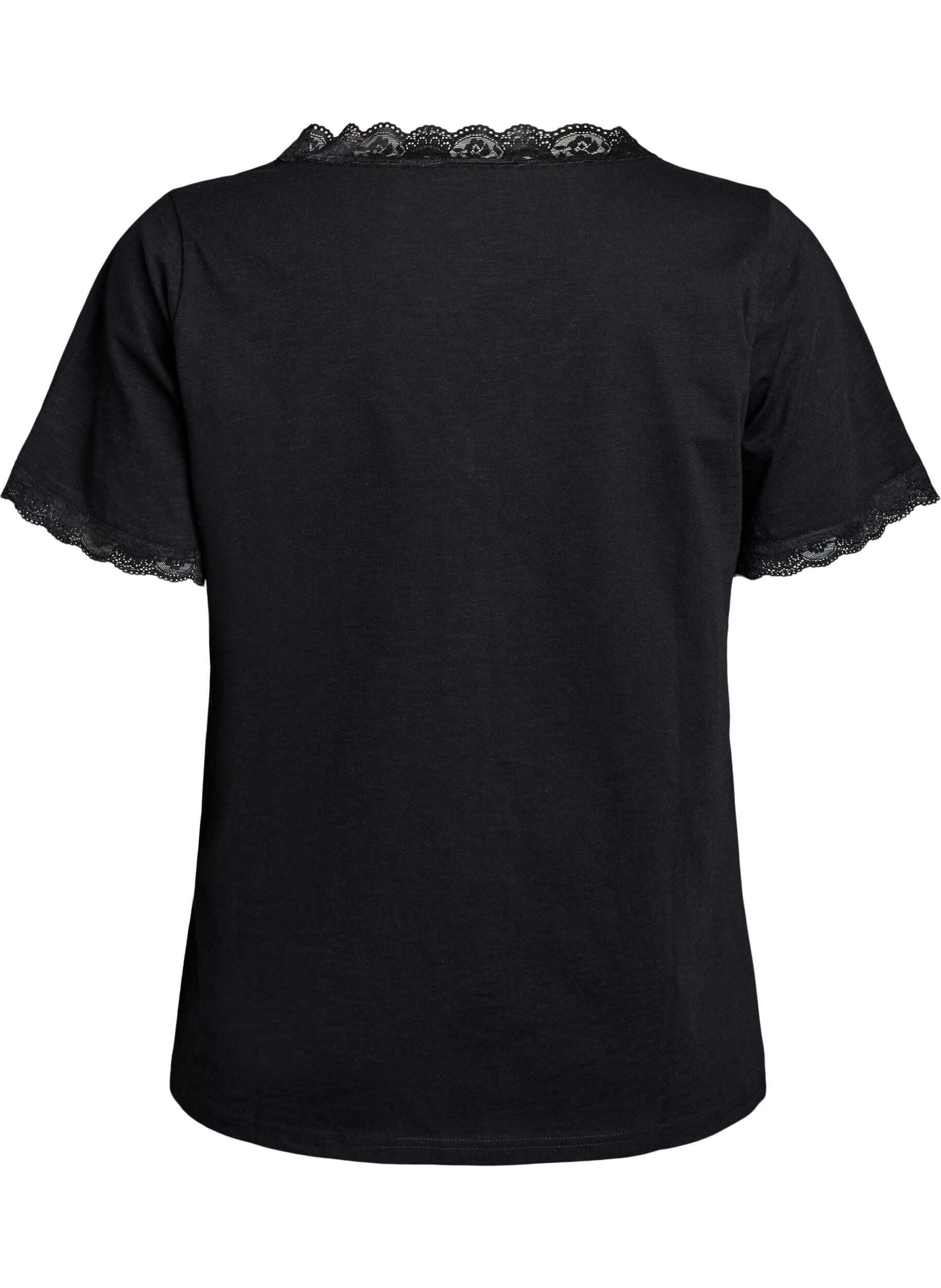 Zizzi T-Shirt mit Spitzensaum, Schwarz, Packshot image number 1