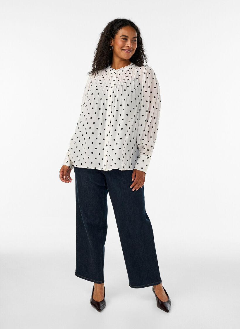 Blouse en viscose &agrave; col &agrave; volants, Blanc, Model image number 1