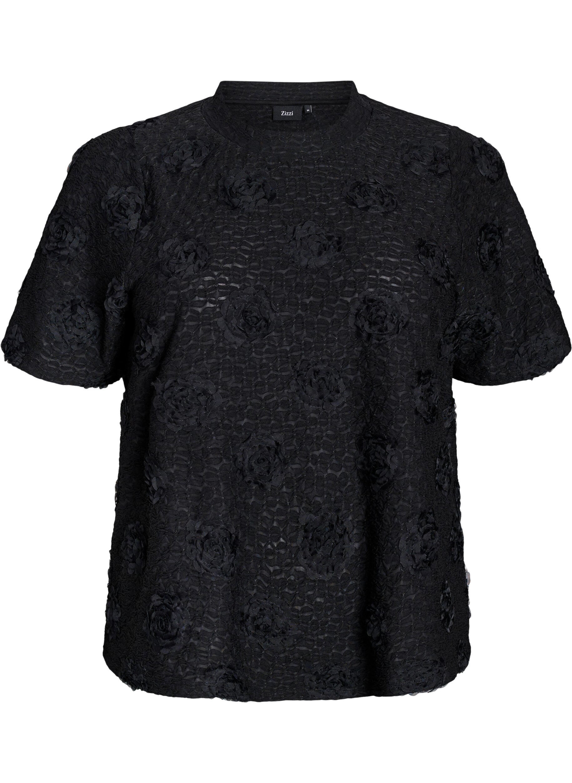 Zizzi Bluse mit 3D-Blumen und kurzen &Auml;rmeln, Schwarz, Packshot image number 0
