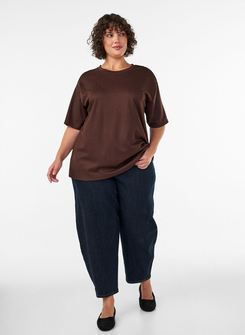T-shirt avec strass et col rond, Marron, Model image number 1