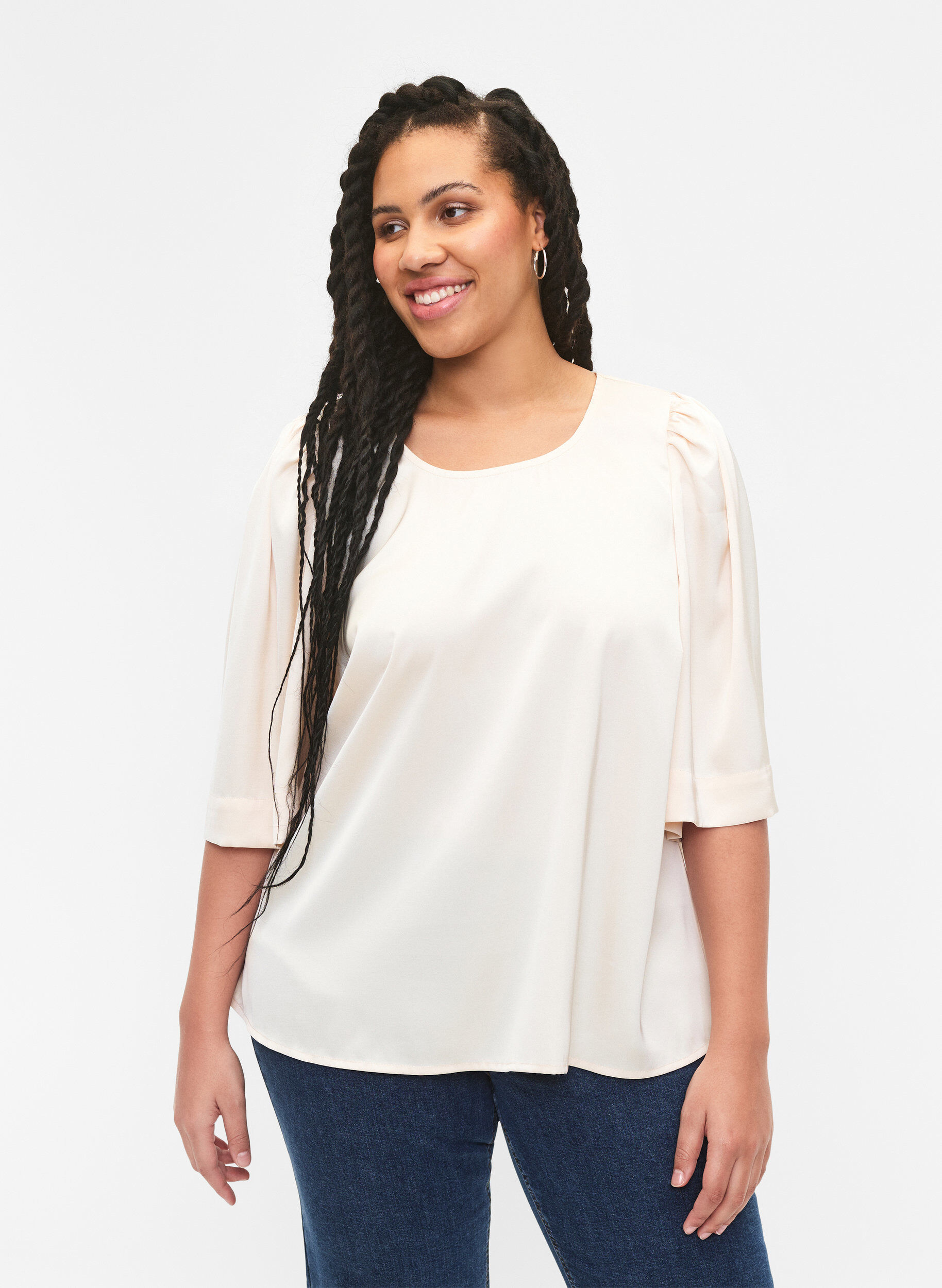 Zizzi Blouse en satin avec manches mi-longues, Champagne, Model image number 0