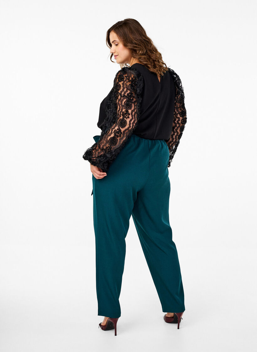 Pantalon taille haute à volants et ceinture à nouer, Sea Moss Melange, Model image number 1