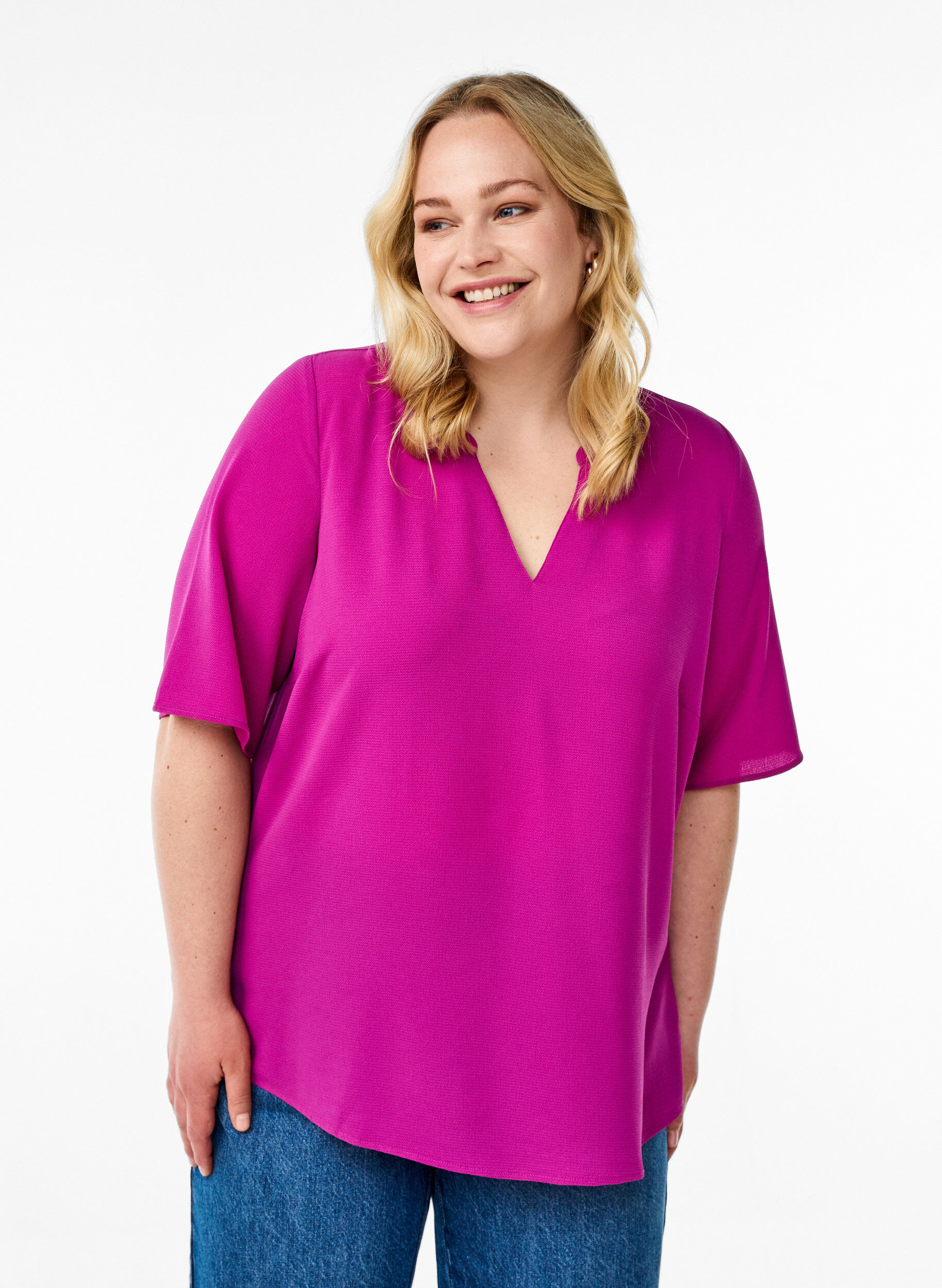 Kurz&auml;rmlige Bluse mit V-Ausschnitt, Lila, Model