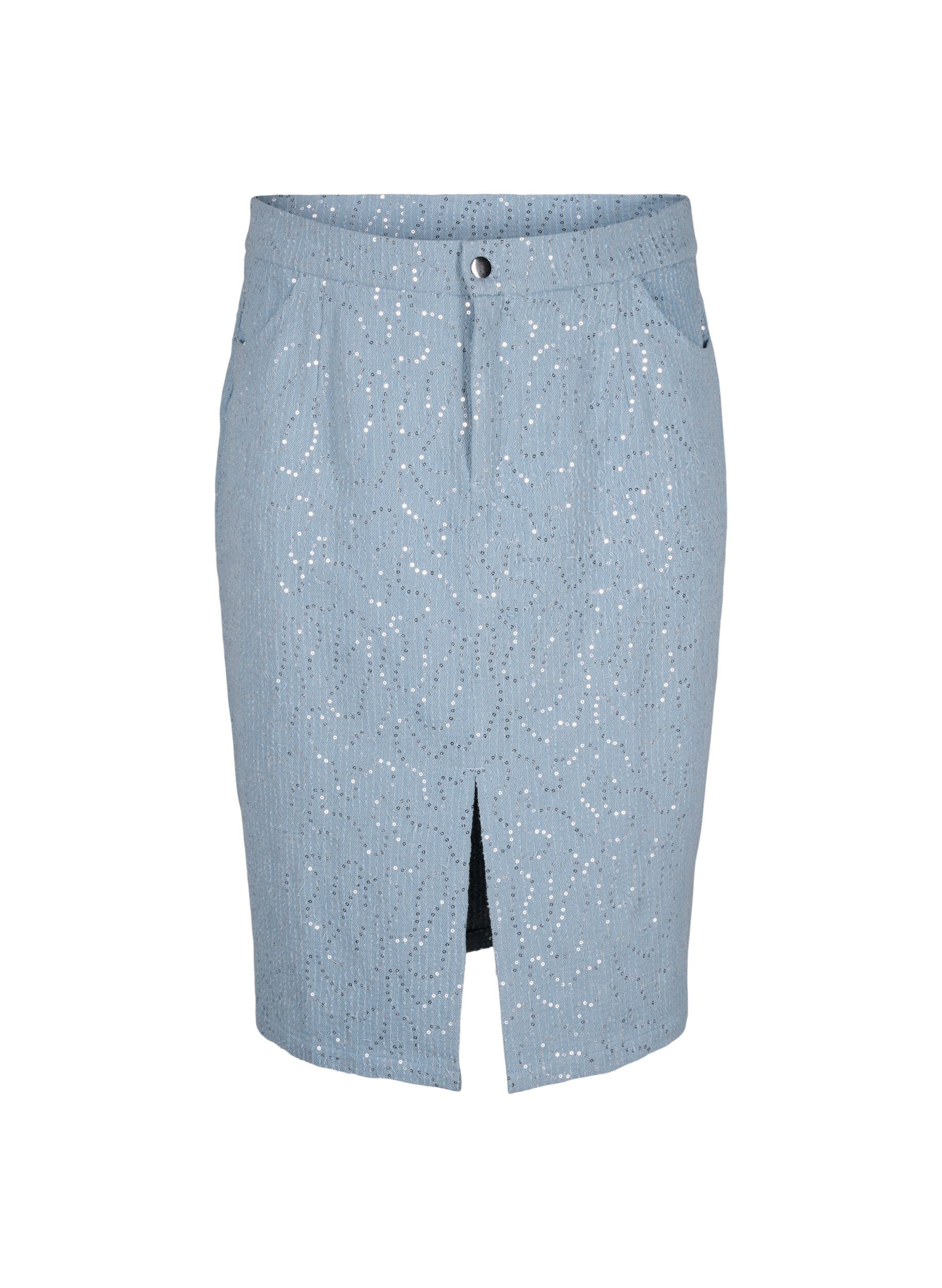 Zizzi Jupe en jean avec fente et sequins, Light Blue Denim, Packshot image number 0
