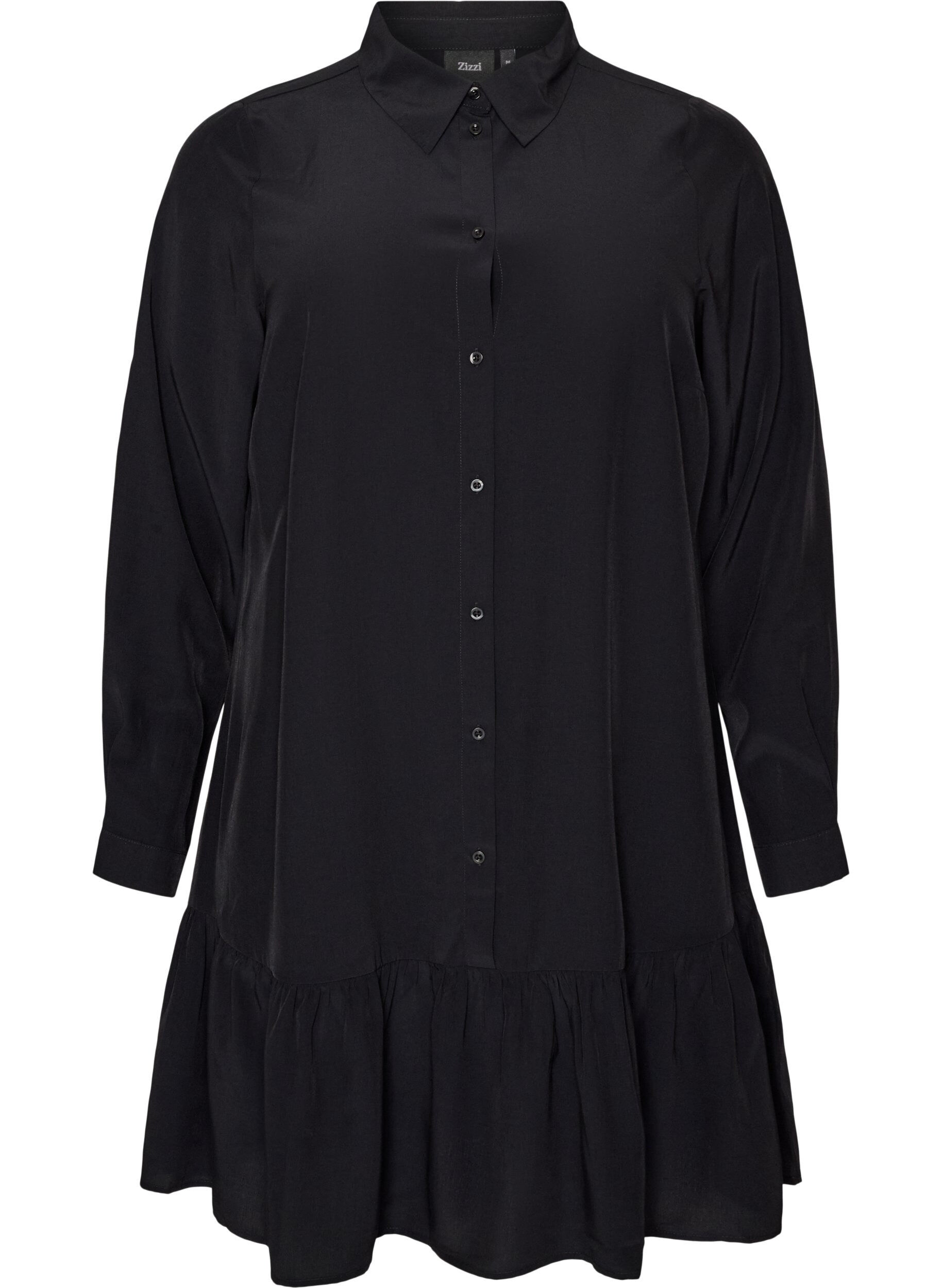 ZizziKurzes Hemdblusenkleid mit R&uuml;schenvolant, Schwarz, Packshot image number 0