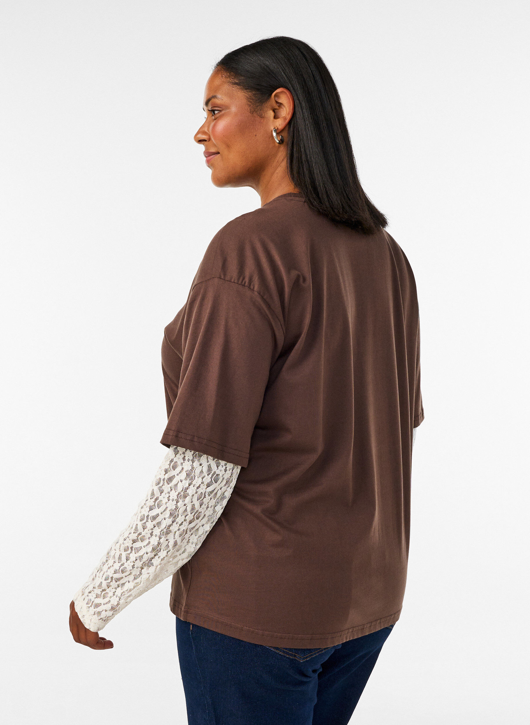 ZizziT-shirt ample avec manches longues en dentelle, Marron, Model image number 2