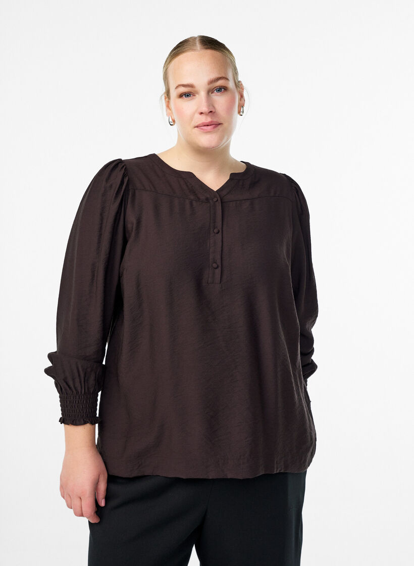 Blouse en viscose avec smock et d&eacute;tails fronc&eacute;s, Marron, Model image number 0
