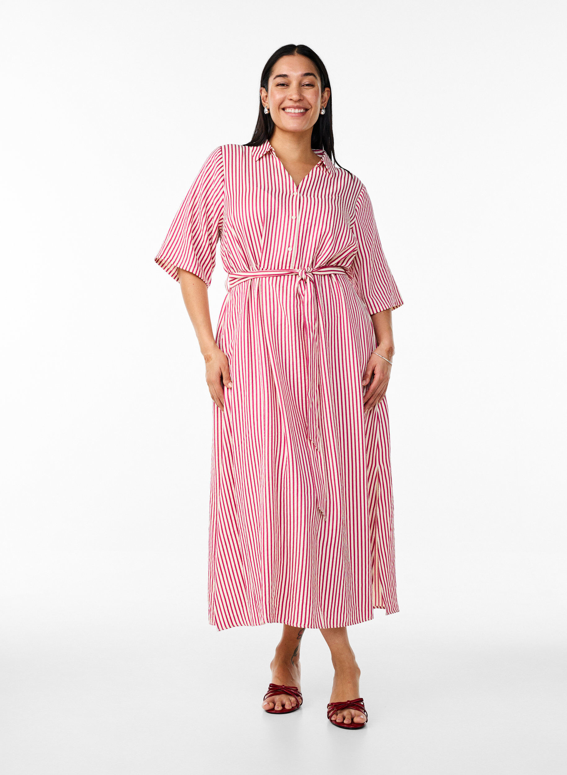 ZizziRobe-chemise longue jusqu&rsquo;aux chevilles avec ceinture &agrave; nouer et rayures, Rose, Model image number 0