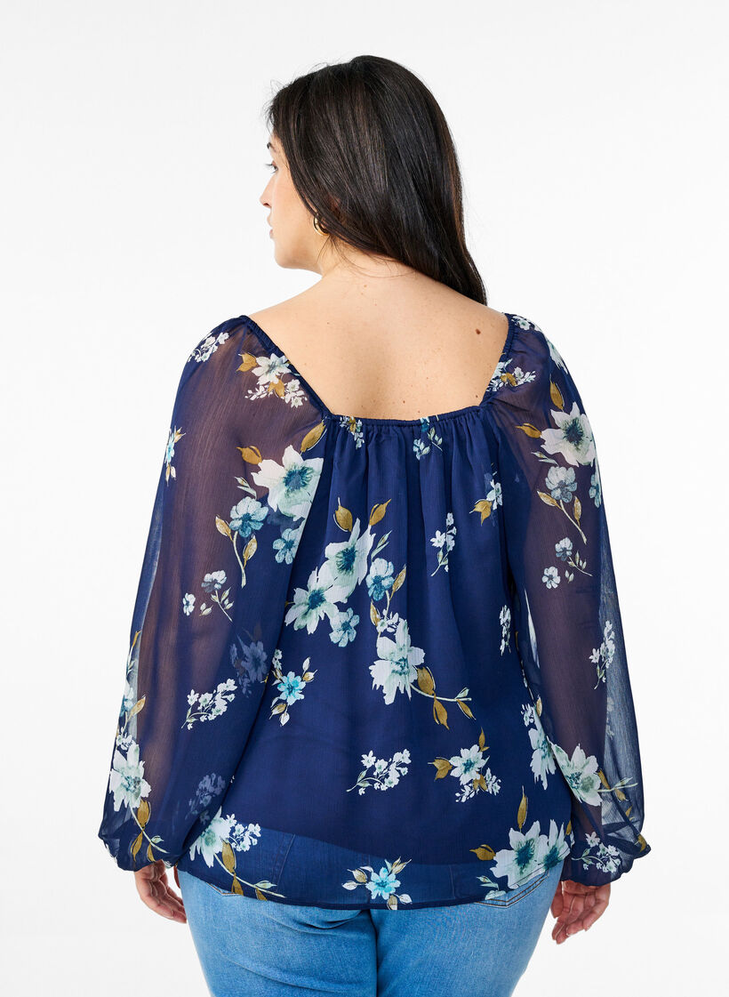 Chemisier en mousseline avec imprim&eacute; floral et manches longues, Bleu, Model image number 2