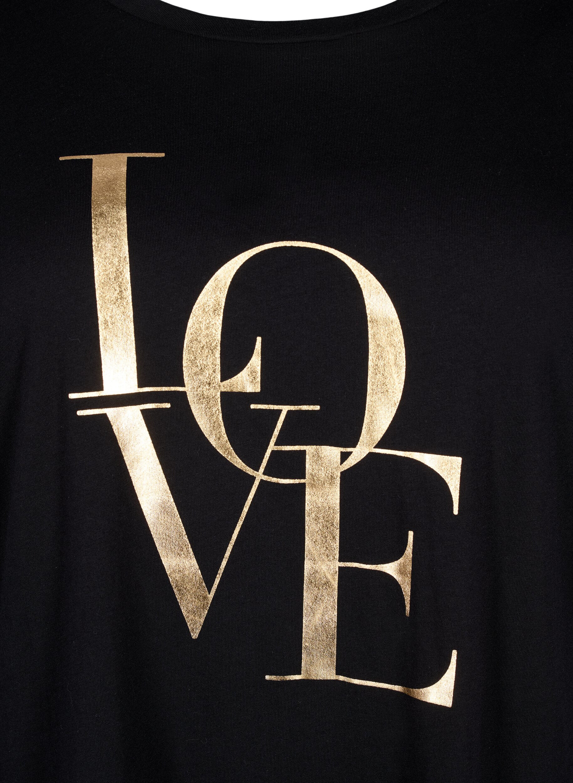 Zizzi T-Shirt aus Baumwolle mit goldener Aufschrift, Black w. Gold Love, Packshot image number 2