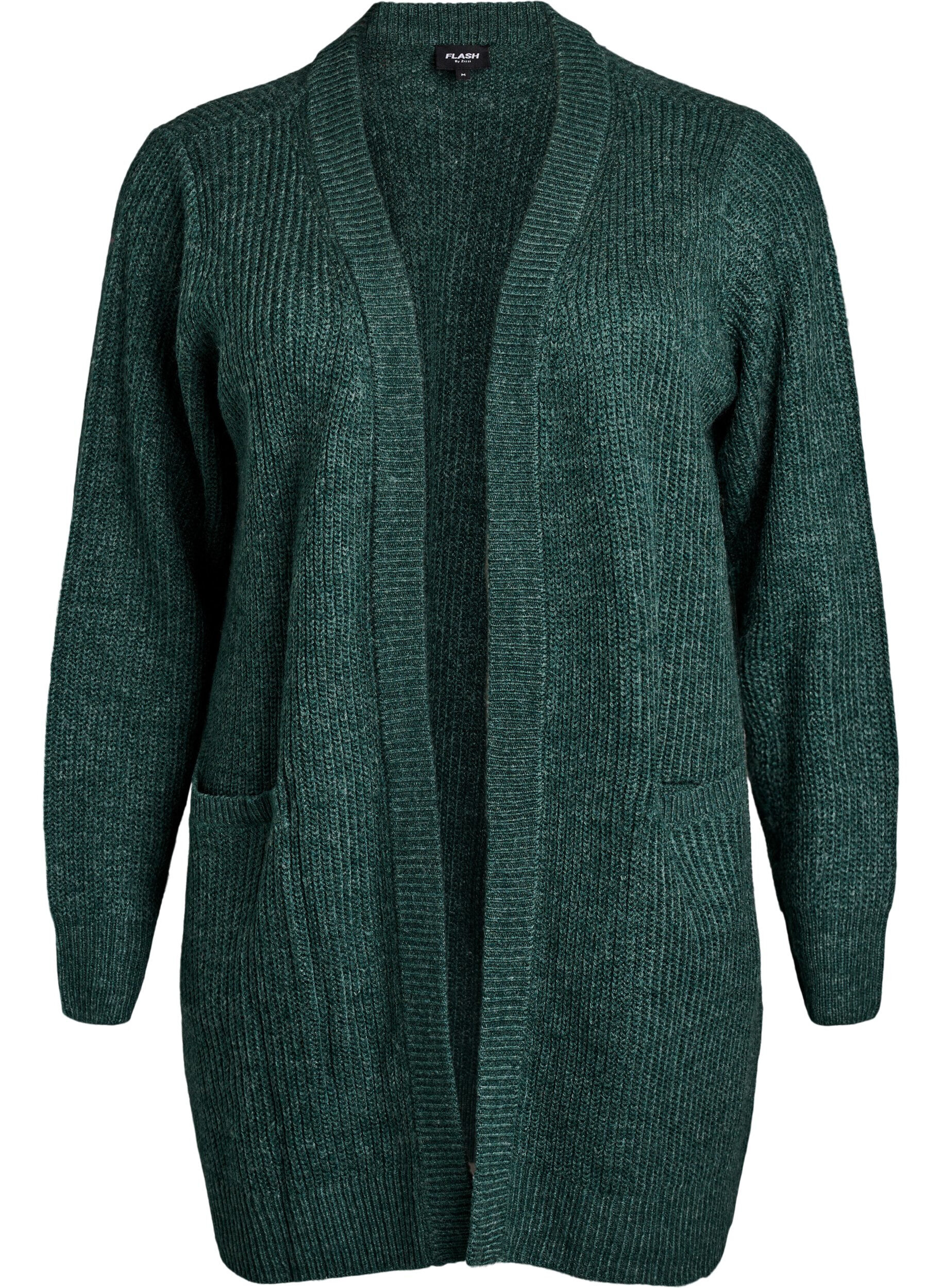 Zizzi FLASH - Cardigan long en maille c&ocirc;tel&eacute;e avec poches, Vert fonc&eacute;, Packshot image number 0