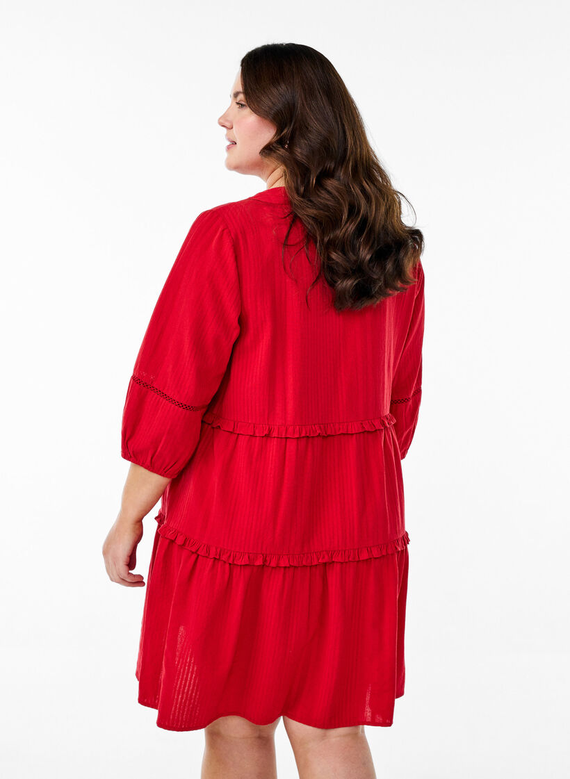Baumwollkleid mit 3/4-Ärmeln und Rüschen, Rot, Model image number 2
