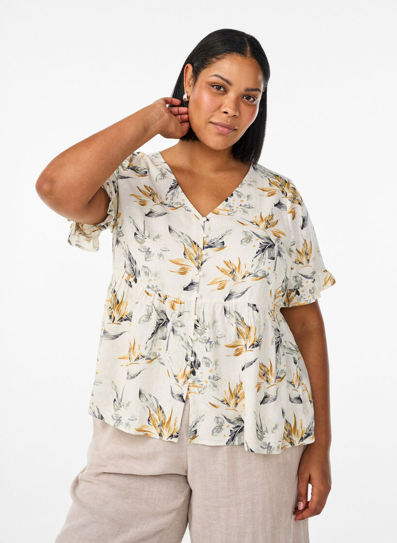 Bluse aus Leinen und Viskose mit V-Ausschnitt und Knopfverschluss, Wei&szlig;, Model image number 0