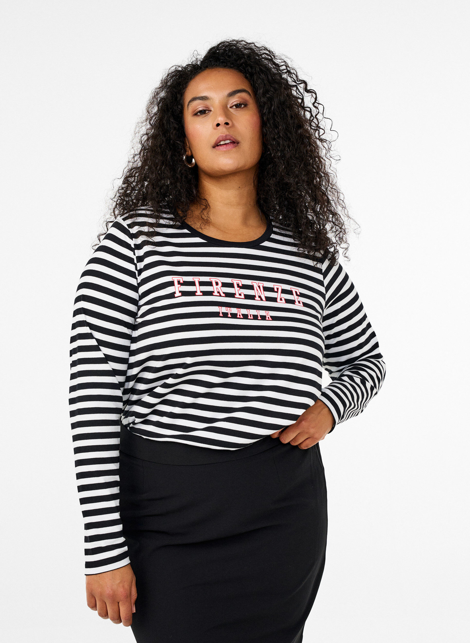 Zizzi Gebl&uuml;mte Bluse mit Muster, White w.Black Stripe, Model image number 0