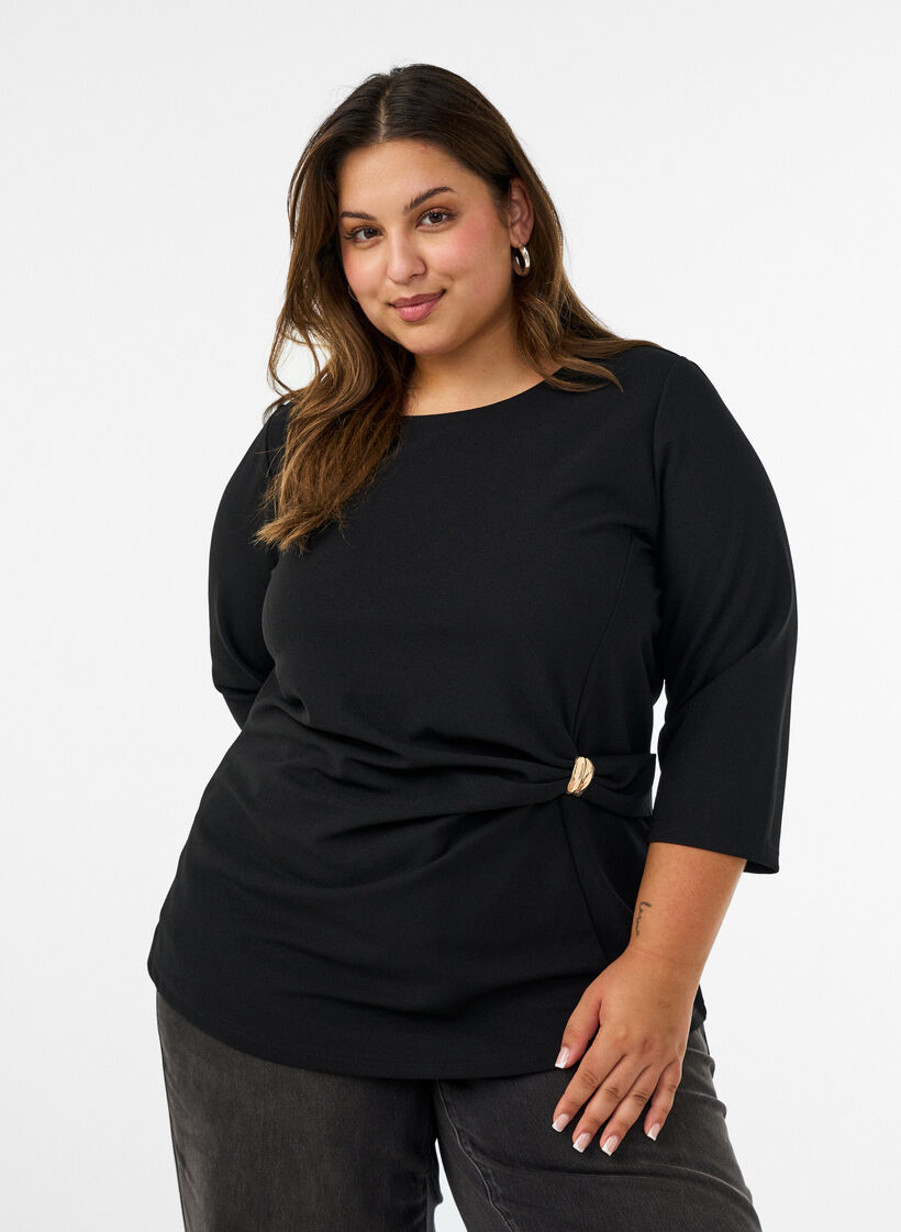 Blouse avec drap&eacute; asym&eacute;trique et manches 3/4, Noir, Model image number 0
