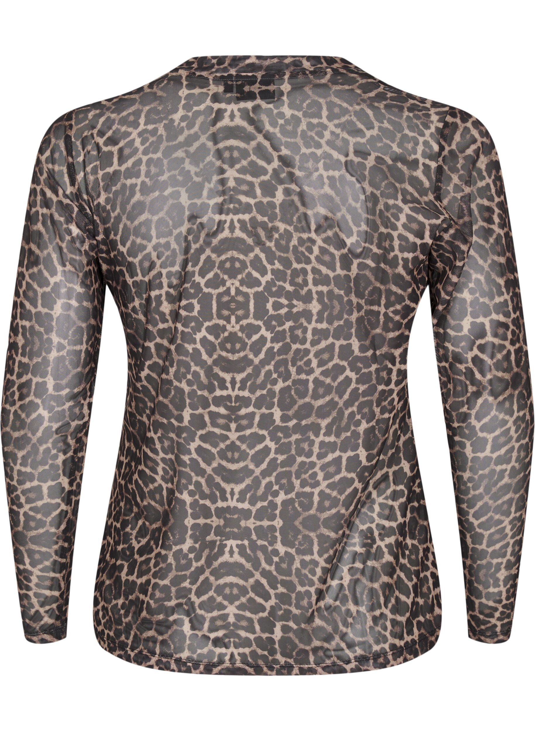 Zizzi Netzbluse mit Leopardenmuster, Braun, Packshot image number 1