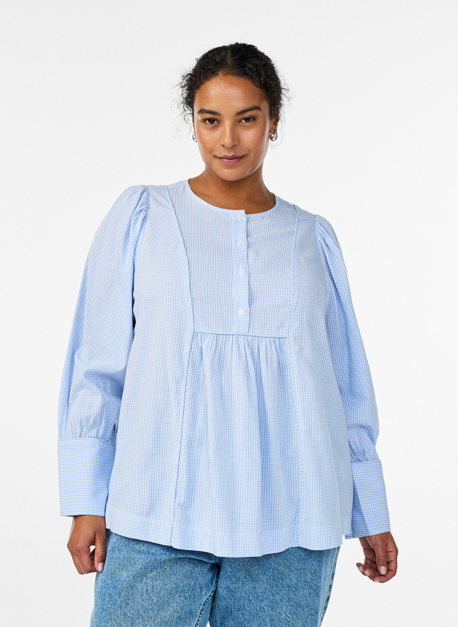 Karierte Bluse in A-Linie, Blau, Model