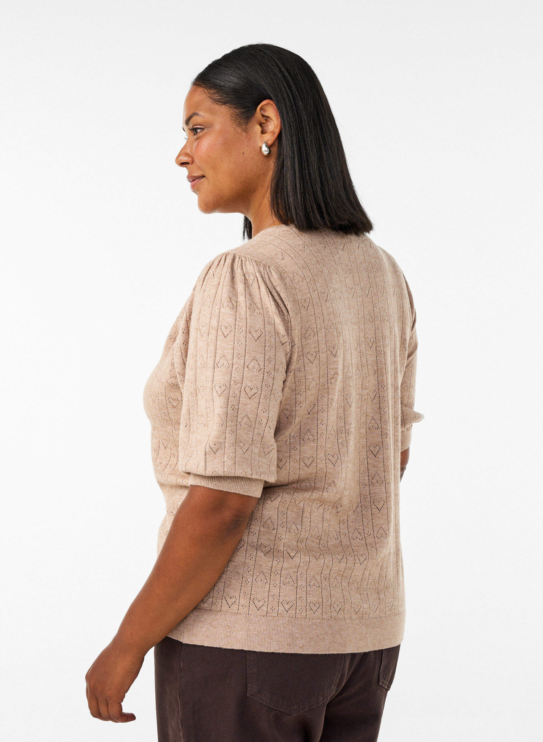 ZizziKurz&auml;rmelige Bluse aus Strick mit Pointelle-Muster, Beige, Model image number 2