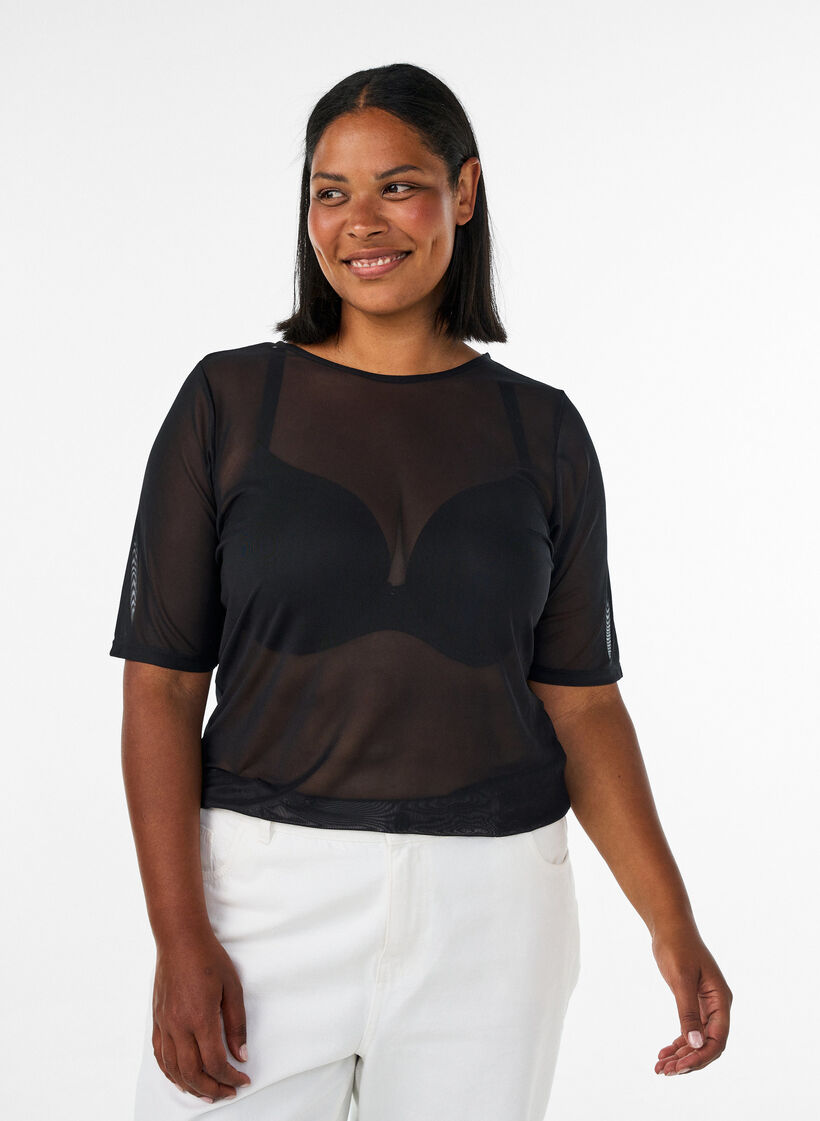 Top aus Mesh mit kurzen &Auml;rmeln und Rundhalsausschnitt, Schwarz, Model image number 0