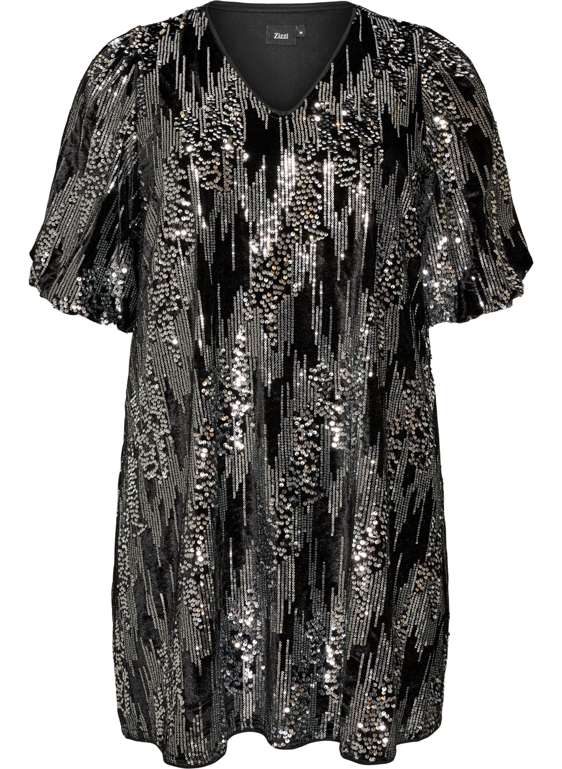 ZizziRobe courte en sequins avec des manches ballon, Noir, Packshot image number 0
